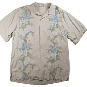 Tommy Bahama 100% Silk Camp Shirt Beige Floral Textured Men’s Large